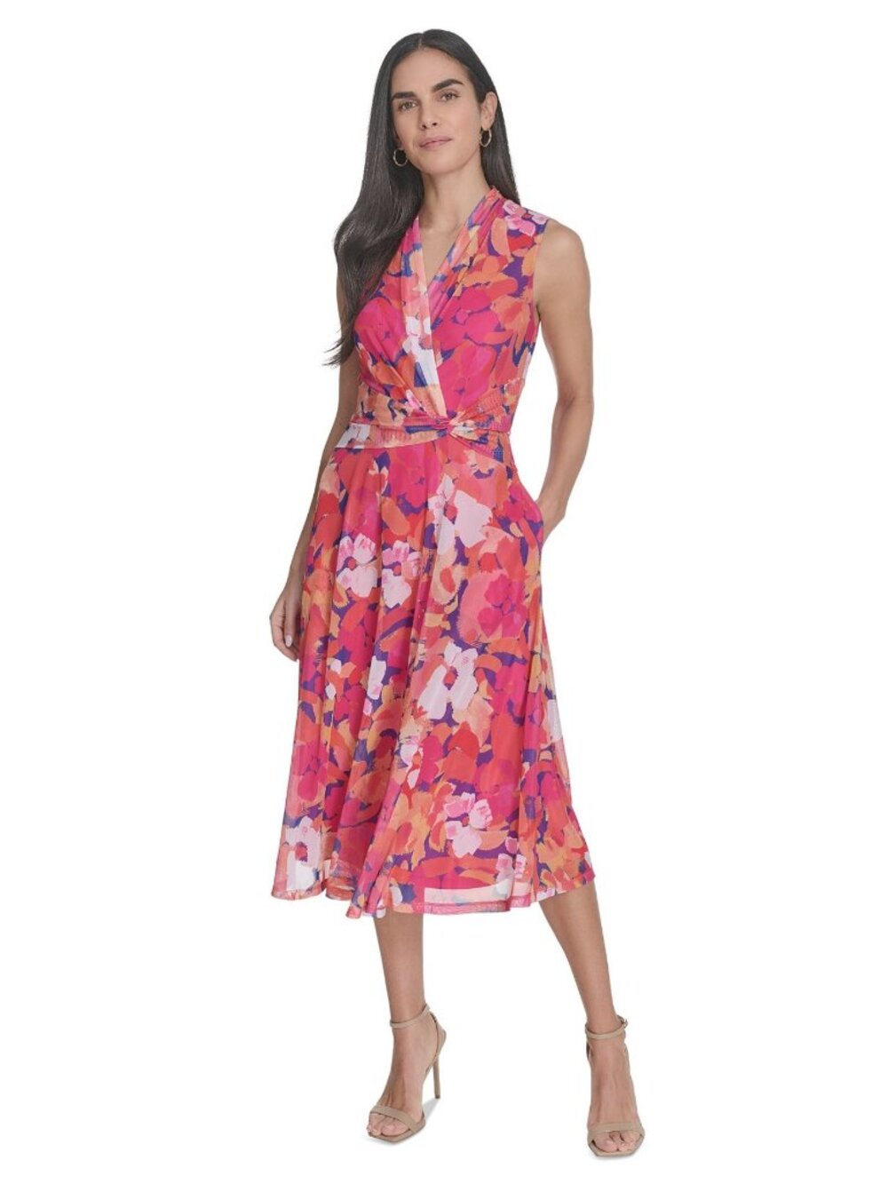 Jessica Howard Sleeveless Floral Wrap Bodice Chiffon Midi Dress Size 16 Pink/Ora